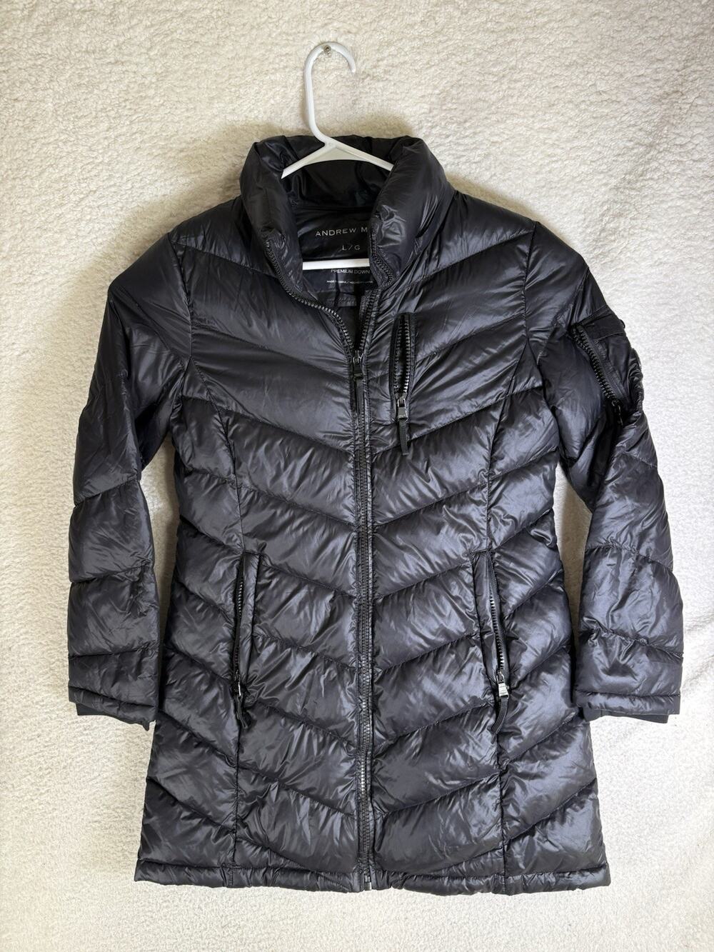 Andrew Marc Puffer Down Jacket Coat Womens Large Black 650 fill Packable